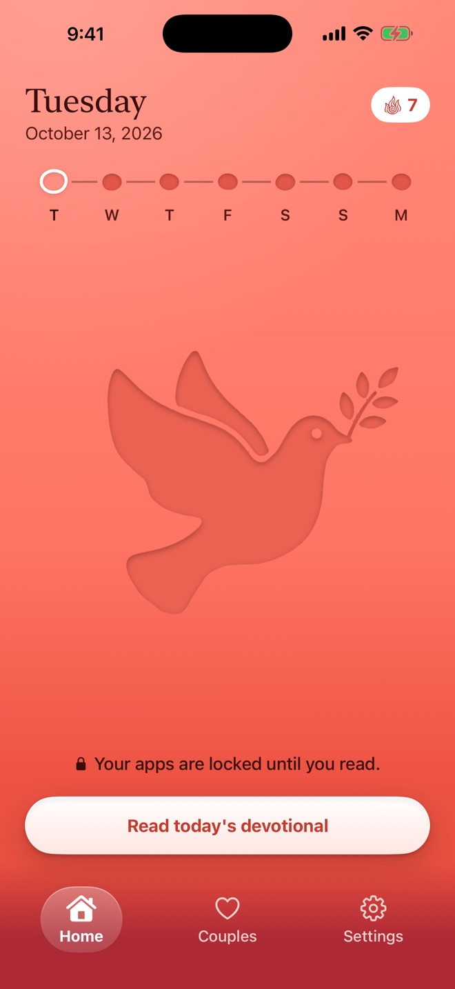 DuoFaith Home screen with the week of days, the dove, and a note that your apps are locked until you read