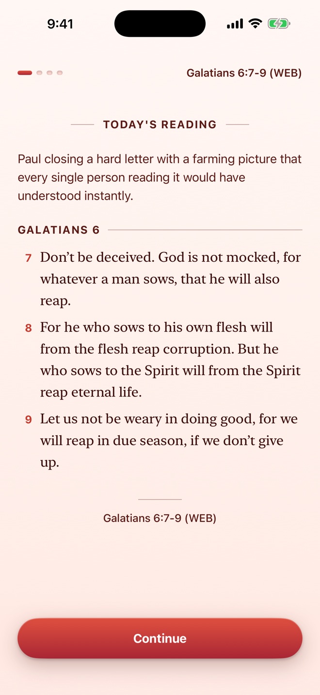 DuoFaith reading screen: Galatians 6:7-9 on a cream page