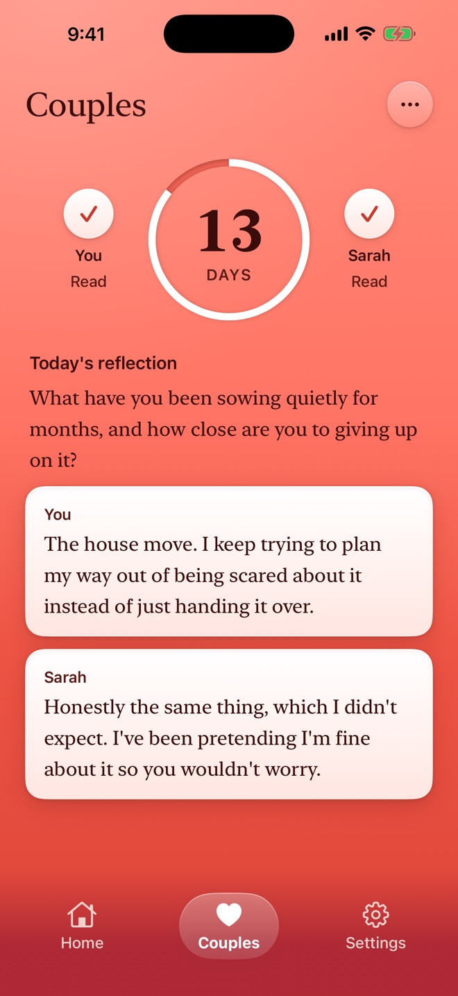 Couples screen with a 13-day shared streak and both answers open
